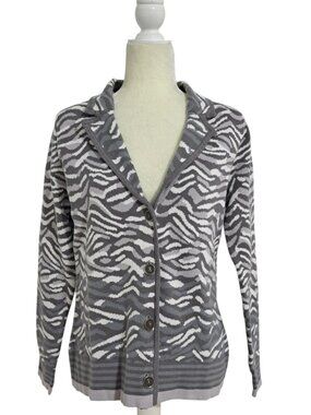 Isaac Mizrahi Women's Knit Blazer Office Work Cotton Grey Animal Print Sz Medium